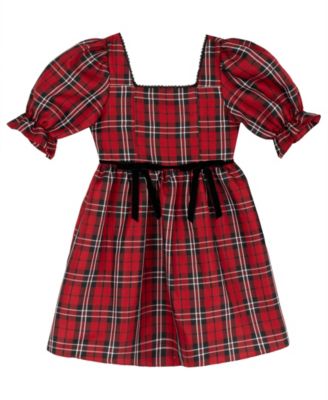 Girls' 7-16 Plaid Holiday Puff-Sleeve Dress