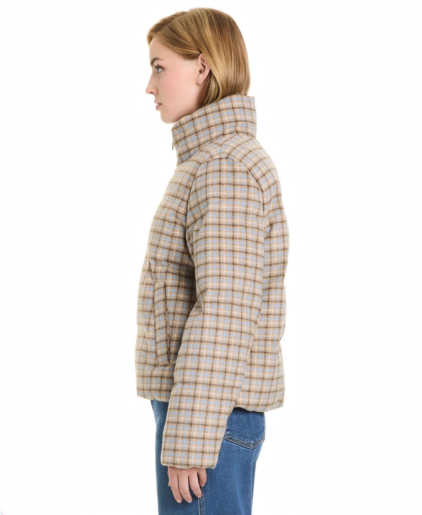 Женская куртка Sanctuary Water-Resistant Cropped Plaid Puffer, цвет: Синий / Коричневый клетчатый — фото 3