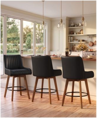 26" Mid-Century Swivel Counter Height Bar Stools, Faux Leather Kitchen Stools with Spring Cushion