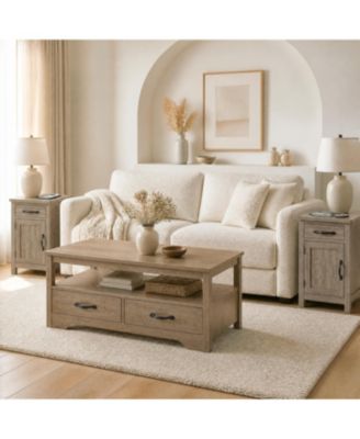 Farmhouse 3-Piece Living Room Table Set - 4-Drawer Coffee Table and 2 Flip-Top Charging End Tables