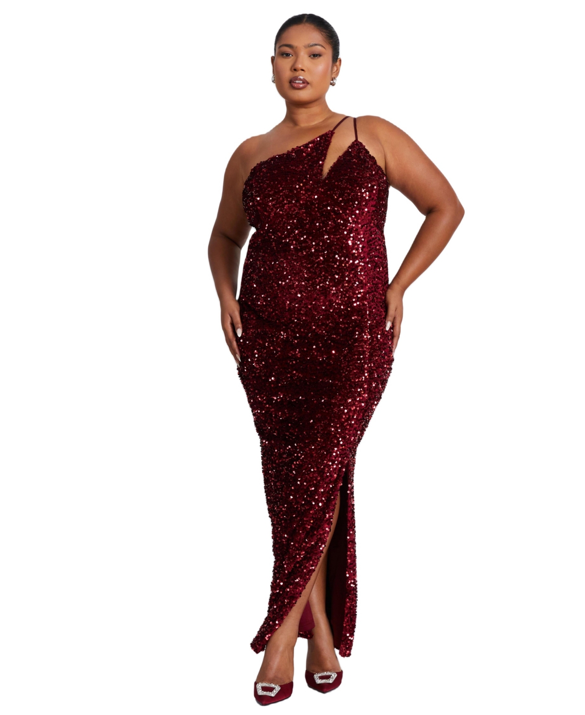 Quiz Plus Size One Shoulder Cut Out Sequin Maxi Dress - Berry