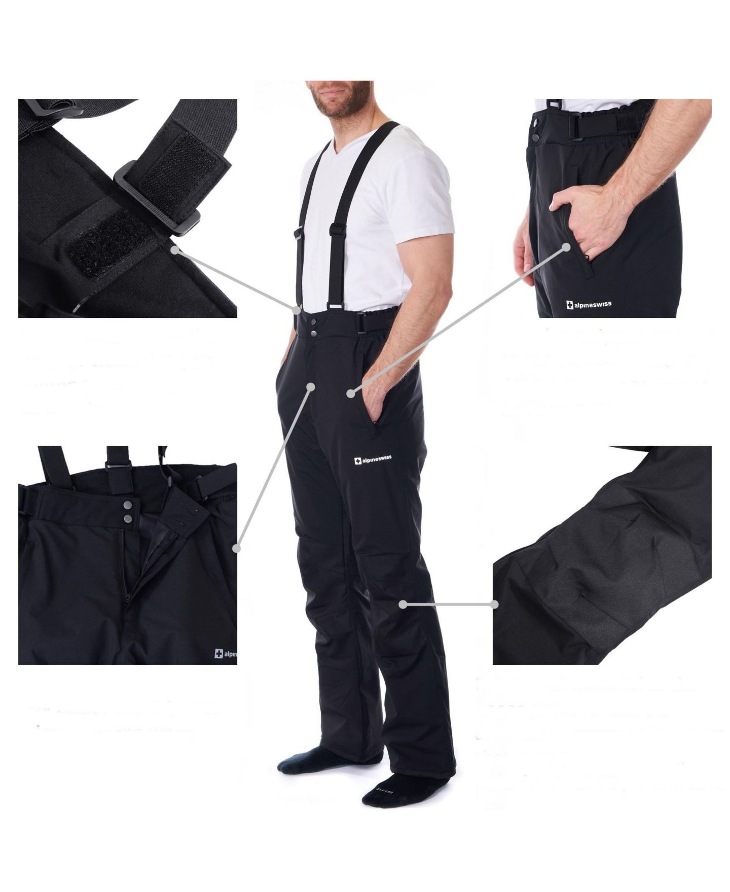 Мужские брюки Alpine Swiss Waterproof Snowboard Ski Snow with Removeable Suspenders, цвет: Чёрный — фото 3