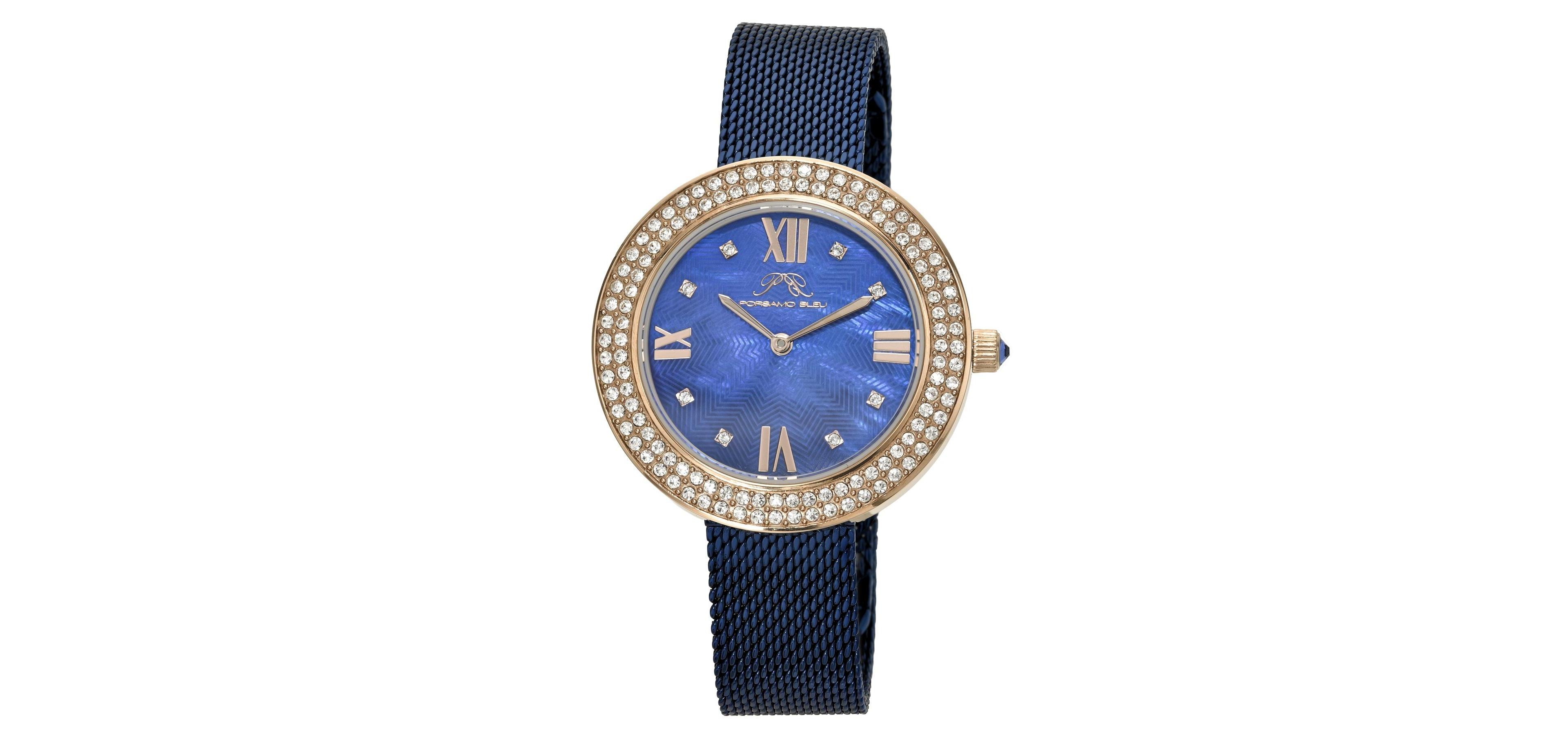 Porsamo Bleu Women's Madeleine Water Resistant Mother of Pearl Quartz Blue Stainless Steel Bracelet Watch, 35mm