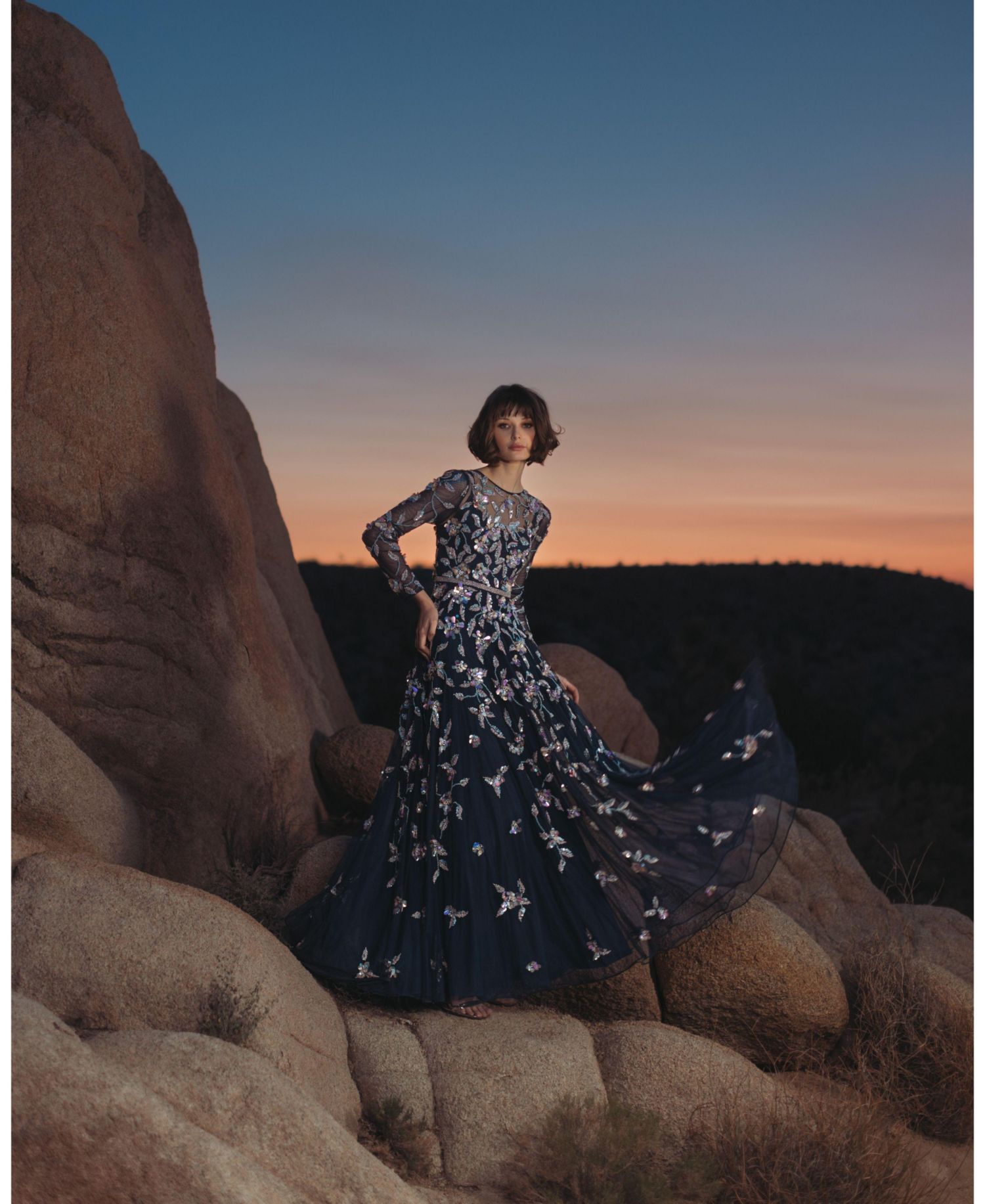 Petite Long Sleeve Mesh Gown with Beaded Floral Applique