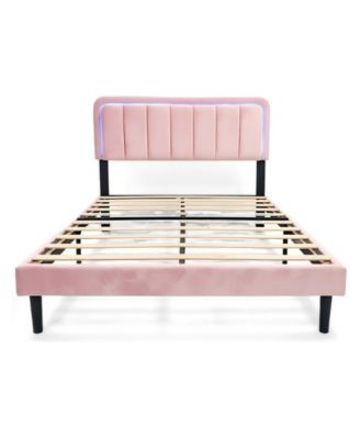 LED Soft Upholstered Bed Frame, MDF and Metal Structure, Velvet Upholstery, Modern Bedroom Furniture with Ambient LED Light