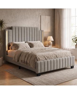 Modern LED Upholstered Platform Bed Frame, Queen Size with Vertical Channel Tufted Headboard