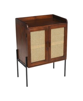 Boho Solid Wood Bar Cabinet with Metal Legs and Woven Cane Doors