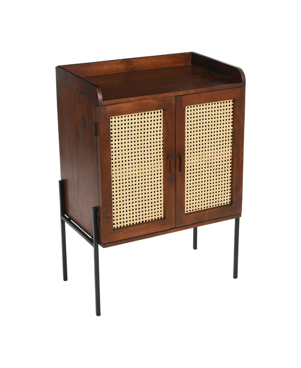 Storied Home Boho Solid Wood Bar Cabinet with Metal Legs and Woven Cane Doors
