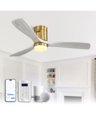 52-in Smart Golden Flush Mount 3-Blade Solid Wood Ceiling Fan With Light and Remote App Voice Control