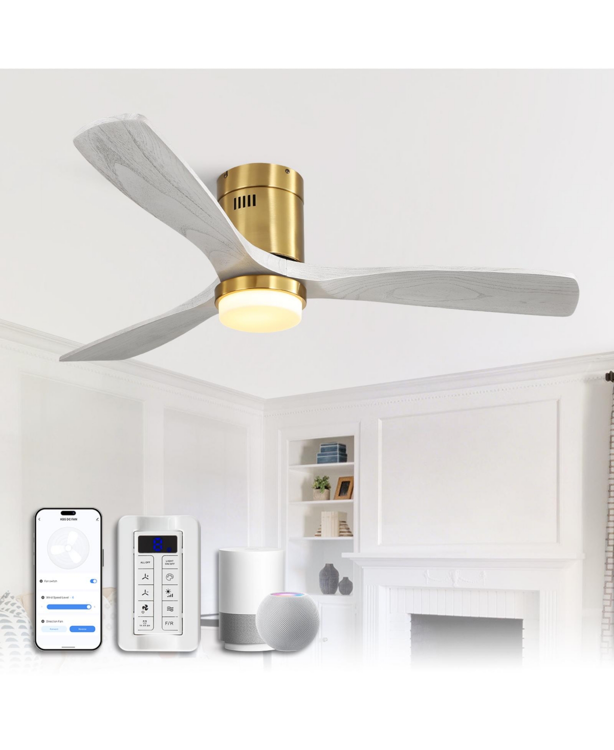 Sofucor 52-in Smart Golden Flush Mount 3-Blade Solid Wood Ceiling Fan With Light and Remote App Voice Control
