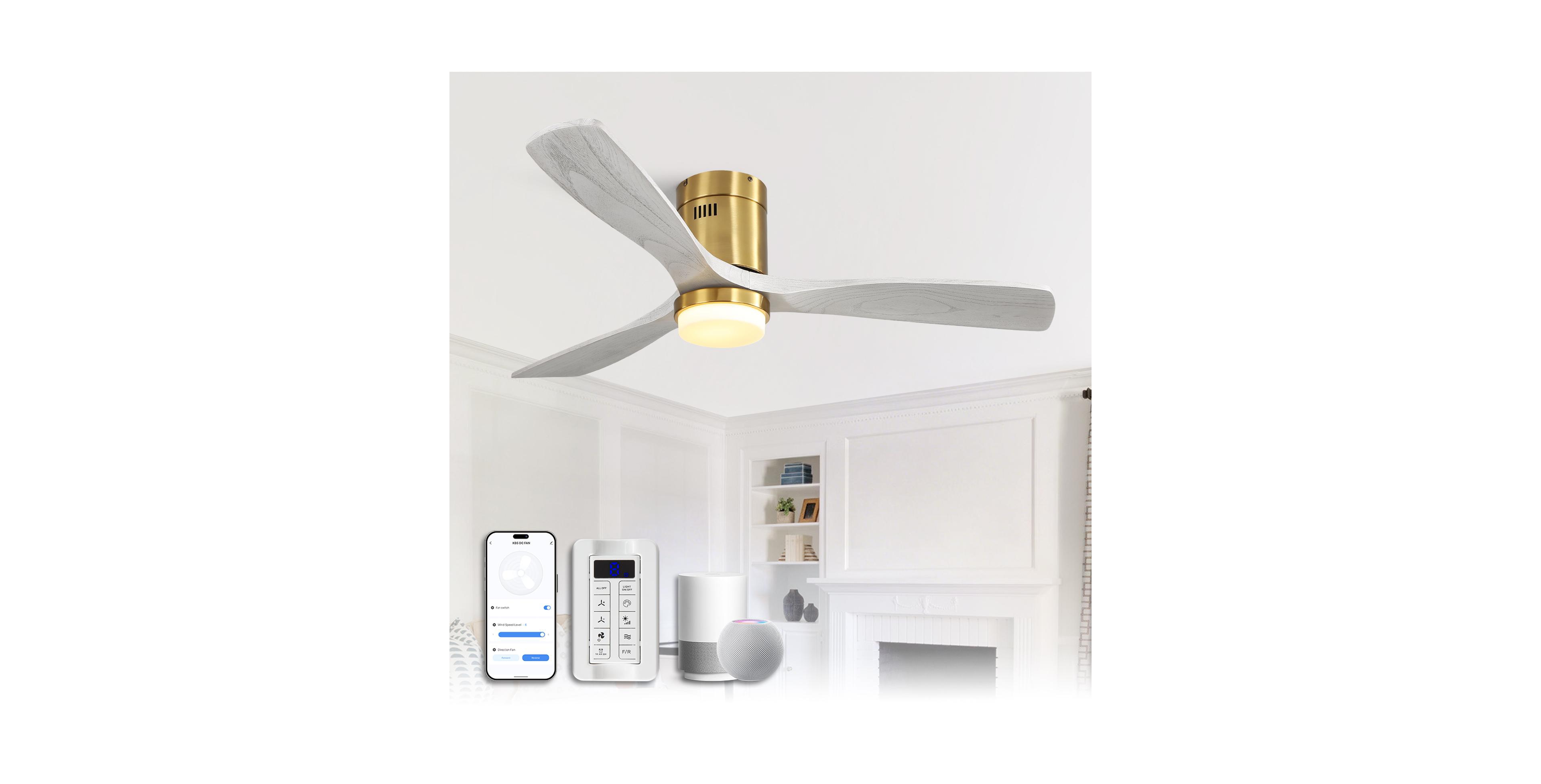 Sofucor 52-in Smart Golden Flush Mount 3-Blade Solid Wood Ceiling Fan With Light and Remote App Voice Control