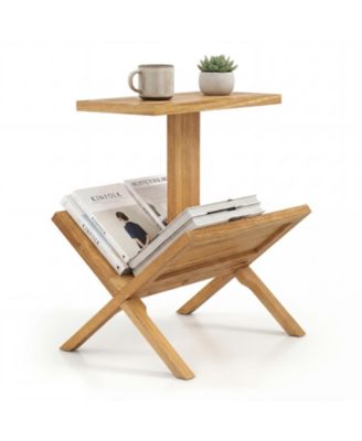 2-Tier Bookshelf, Small Bookcase with Teak Wood Frame and Anti-Slip Foot Mats