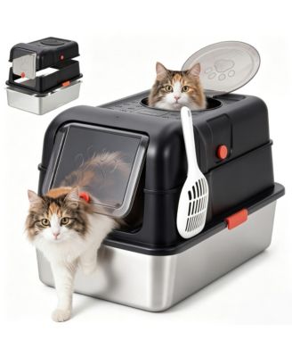 Dog-Proof Fully Enclosed Stainless Steel Litter Box with Lid, Front Entry and Top Exit, Large