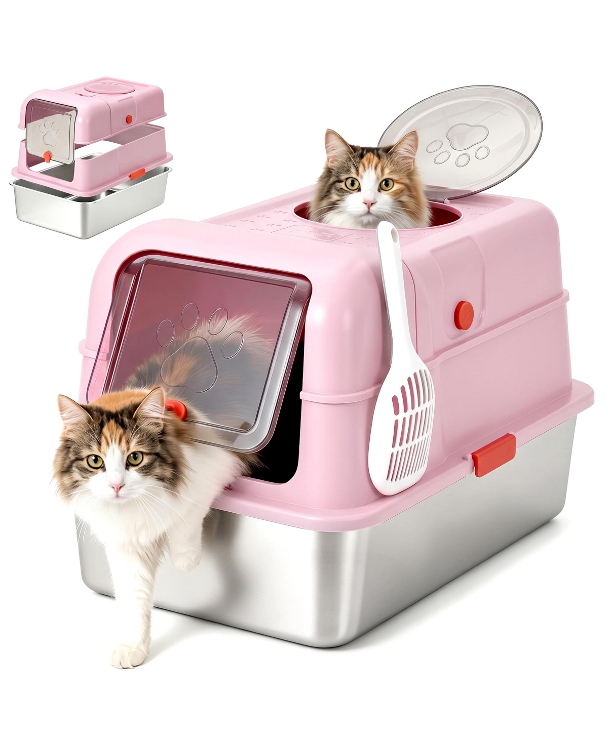 Lalfpet Dog-Proof Fully Enclosed Stainless Steel Litter Box with Lid, Front Entry and Top Exit, Large - Pink
