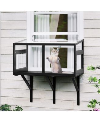 Wood Cat Window Perch with Acrylic Panels, Fits 24"-38" Windows, Mosquito-Proof Indoor Cat Enclosure