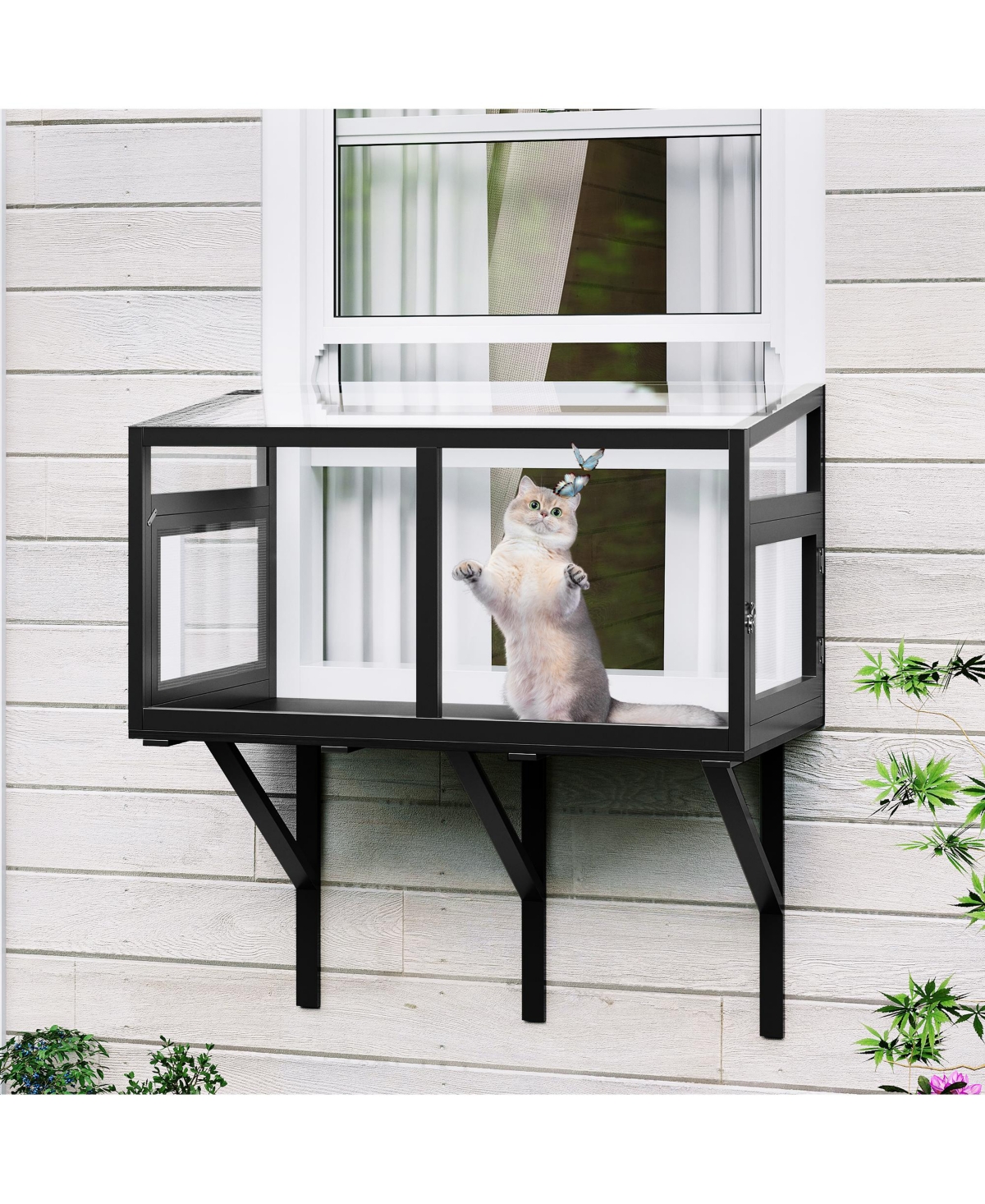 Lalfpet Wood Cat Window Perch with Acrylic Panels, Fits 24"-38" Windows, Mosquito-Proof Indoor Cat Enclosure
