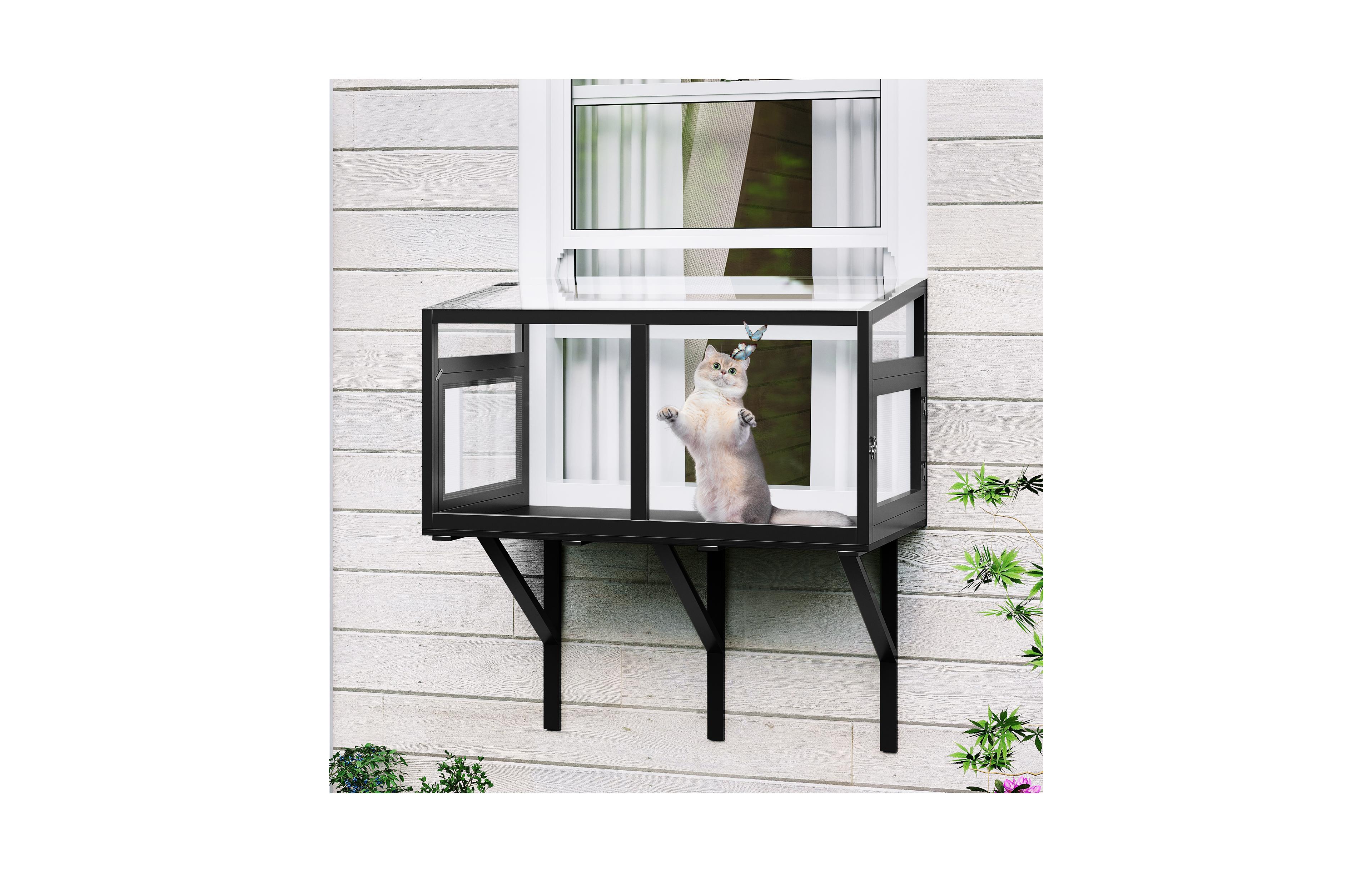 Lalfpet Wood Cat Window Perch with Acrylic Panels, Fits 24"-38" Windows, Mosquito-Proof Indoor Cat Enclosure