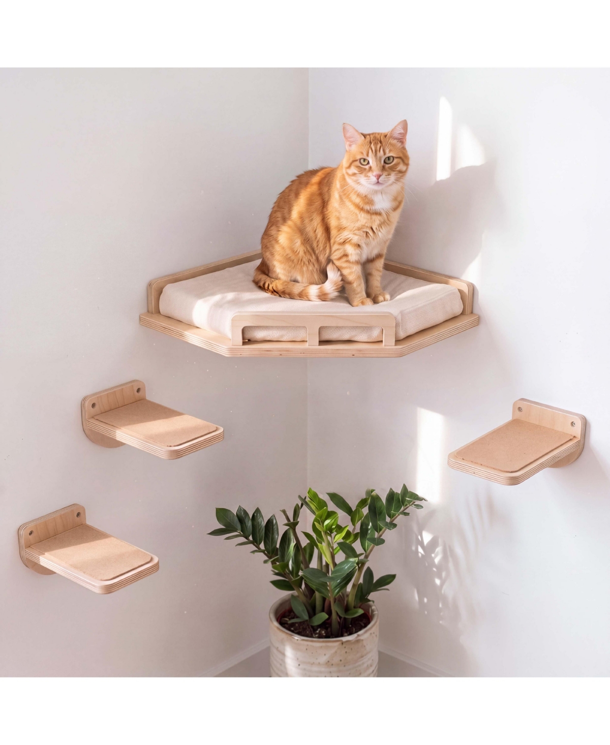 Lalfpet Wall Mounted Wooden Cat Bed for Indoor Cats, Stable Cat Climbing Shelf with Soft Machine Washable Cushion Pad