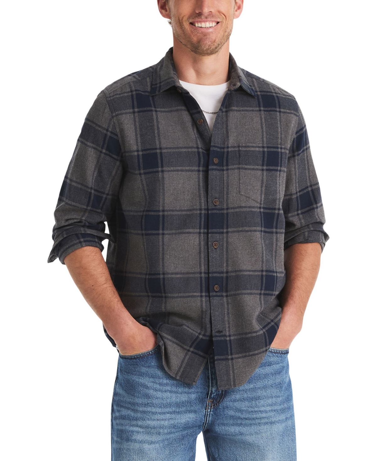 Nautica Men's Flannel Long-Sleeve Plaid Button-Up Shirt - Navy