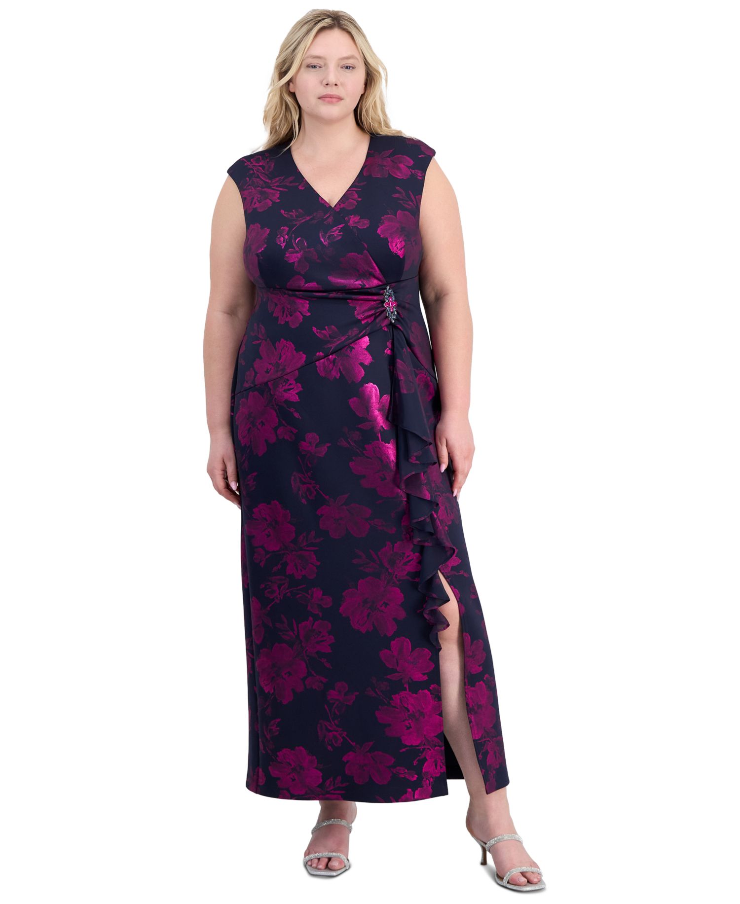 Plus Size Ruffled Brooch-Embellished Dress