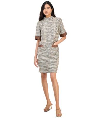 Women's Faux-Leather-Trim Tweed Shift Dress