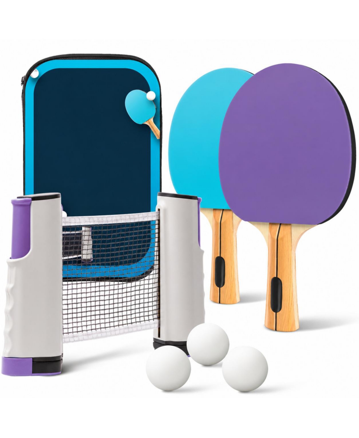 Sportneer Portable Ping Pong Set Retractable Net All In One Paddles Balls Storage Case Family Game - 2-player set | purple/blue