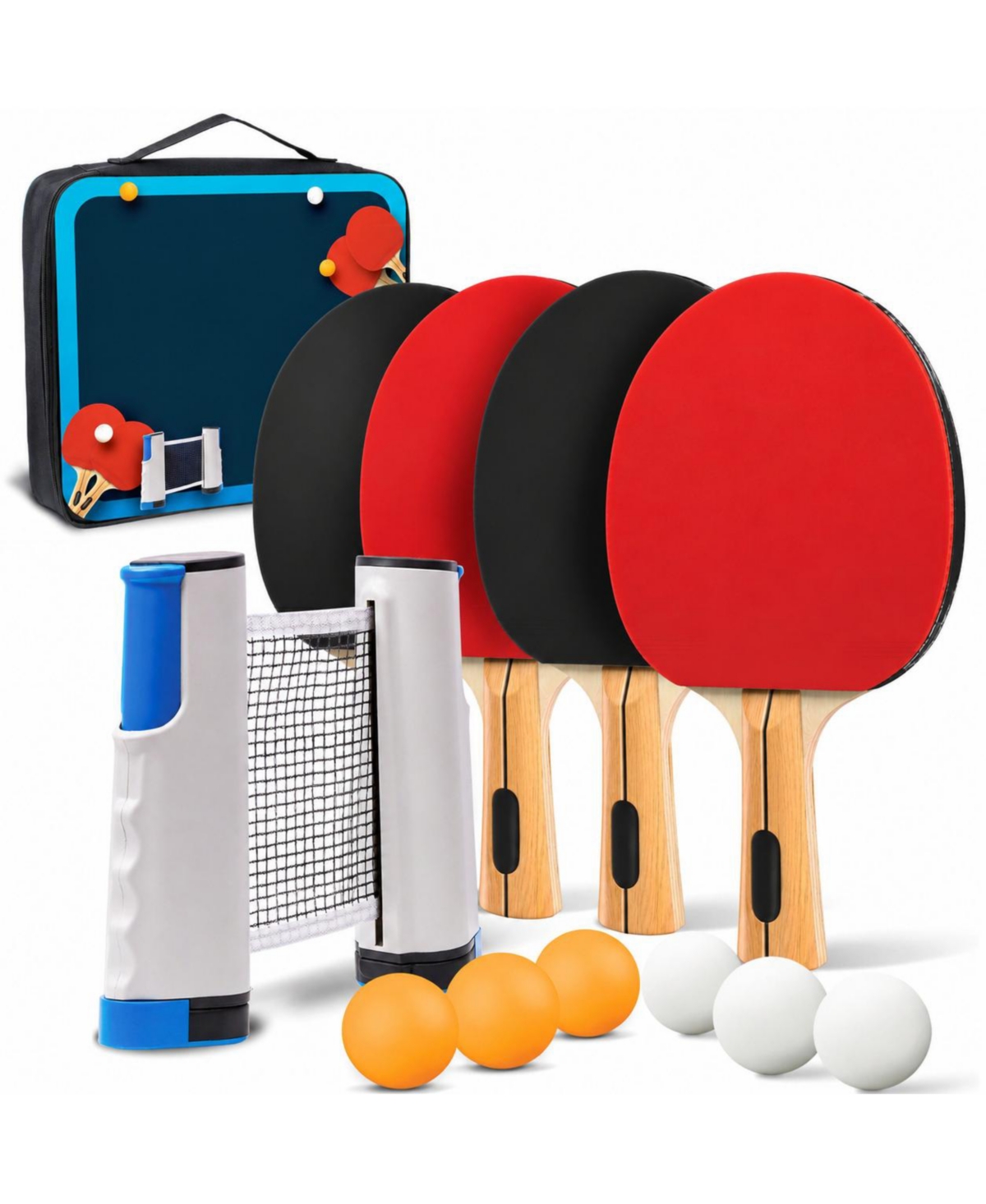 Sportneer Portable Ping Pong Set Retractable Net All In One Paddles Balls Storage Case Family Game - 4-player set | active red