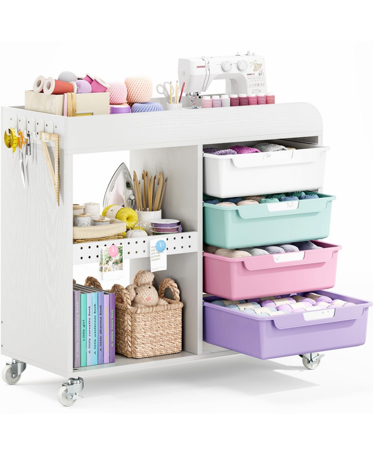 Aeelike 4 Drawer Rolling Craft Storage Cart With Wooden Top Open Shelves Lockable Wheels