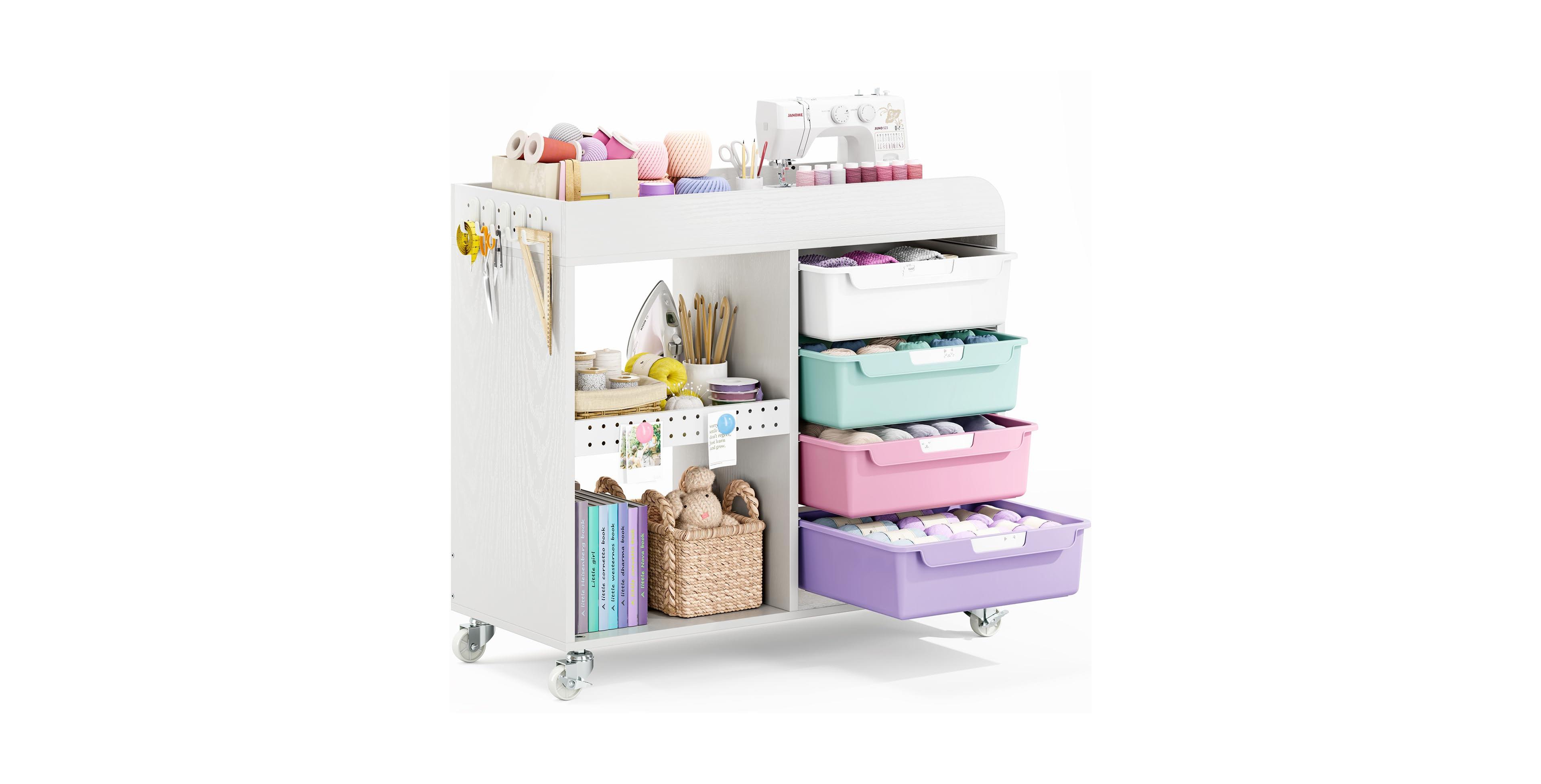 Aeelike 4 Drawer Rolling Craft Storage Cart With Wooden Top Open Shelves Lockable Wheels