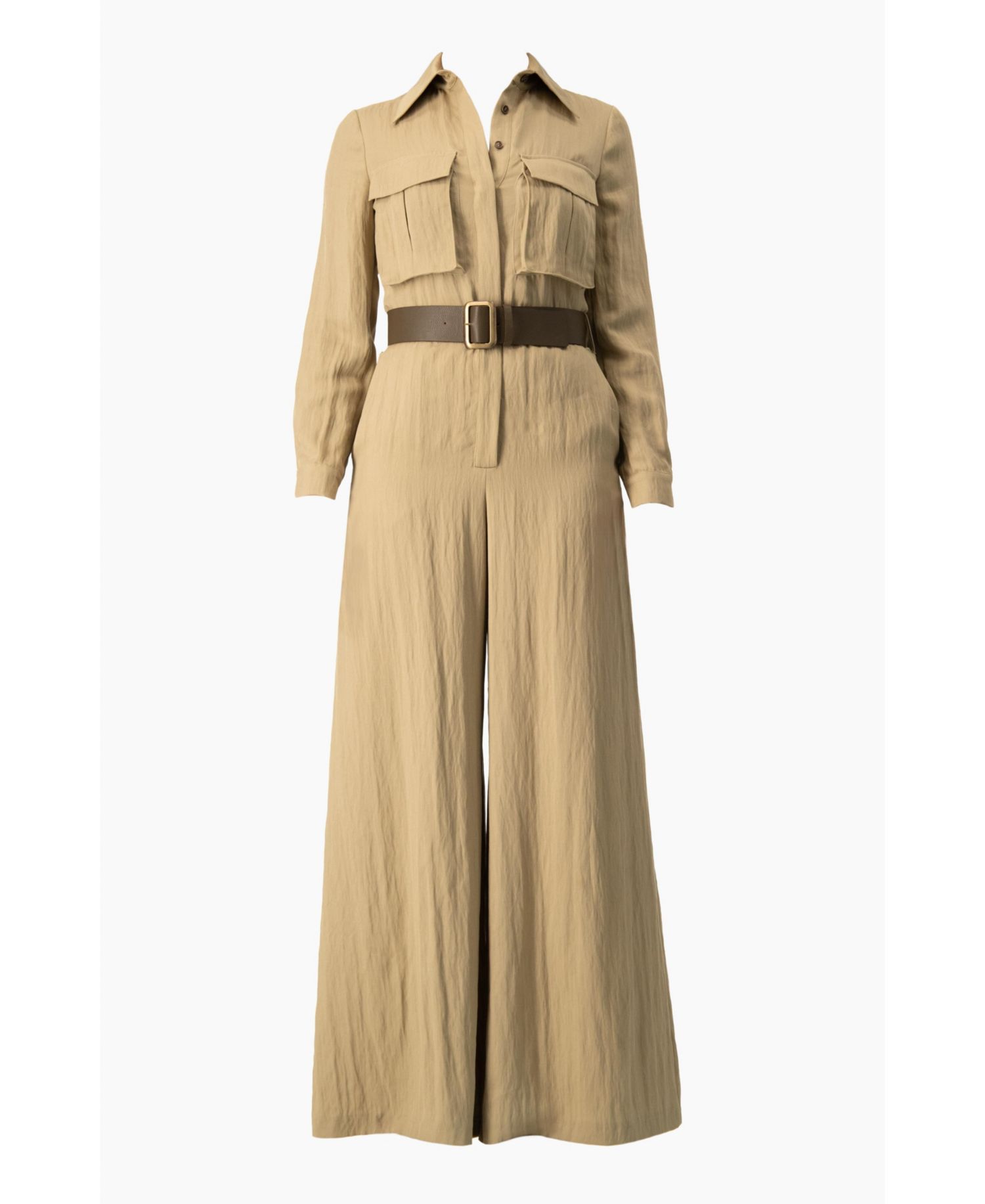 Women's Long Sleeve Button-Front Safari Utility Wide-Leg Jumpsuit