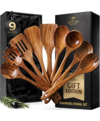 9-Piece Teak Wooden Utensils for Cooking with Premium Gift Box