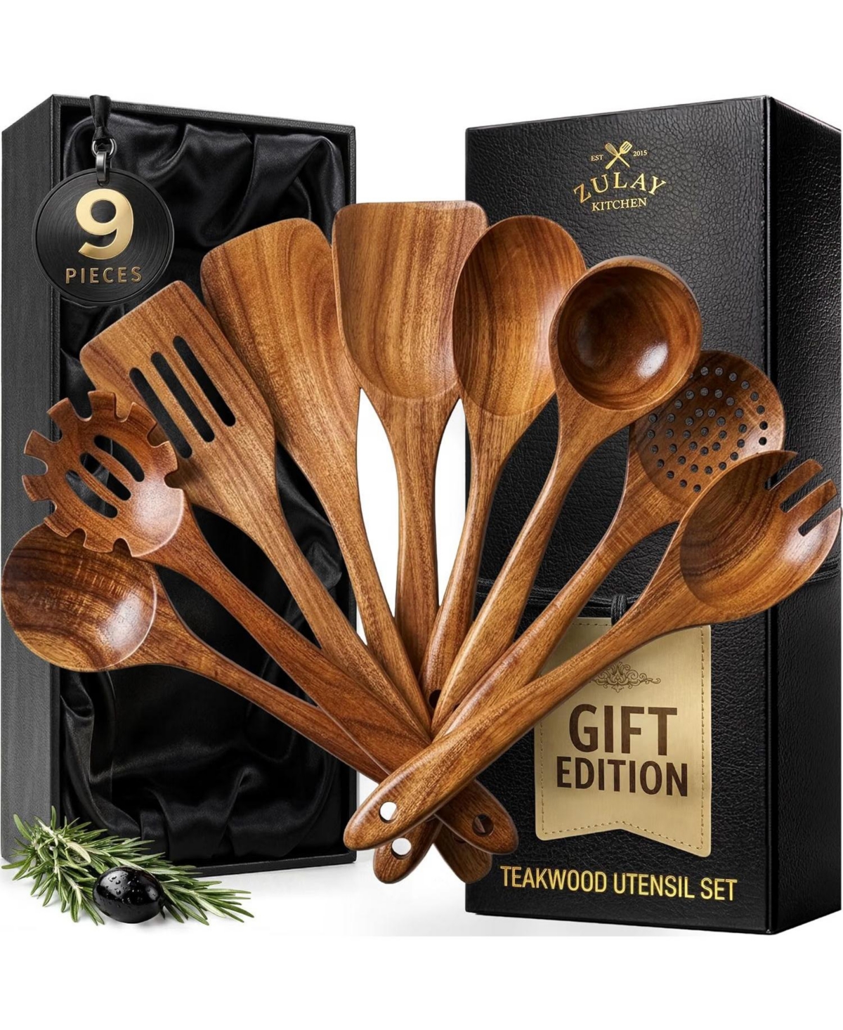 9-Piece Teak Wooden Utensils for Cooking with Premium Gift Box