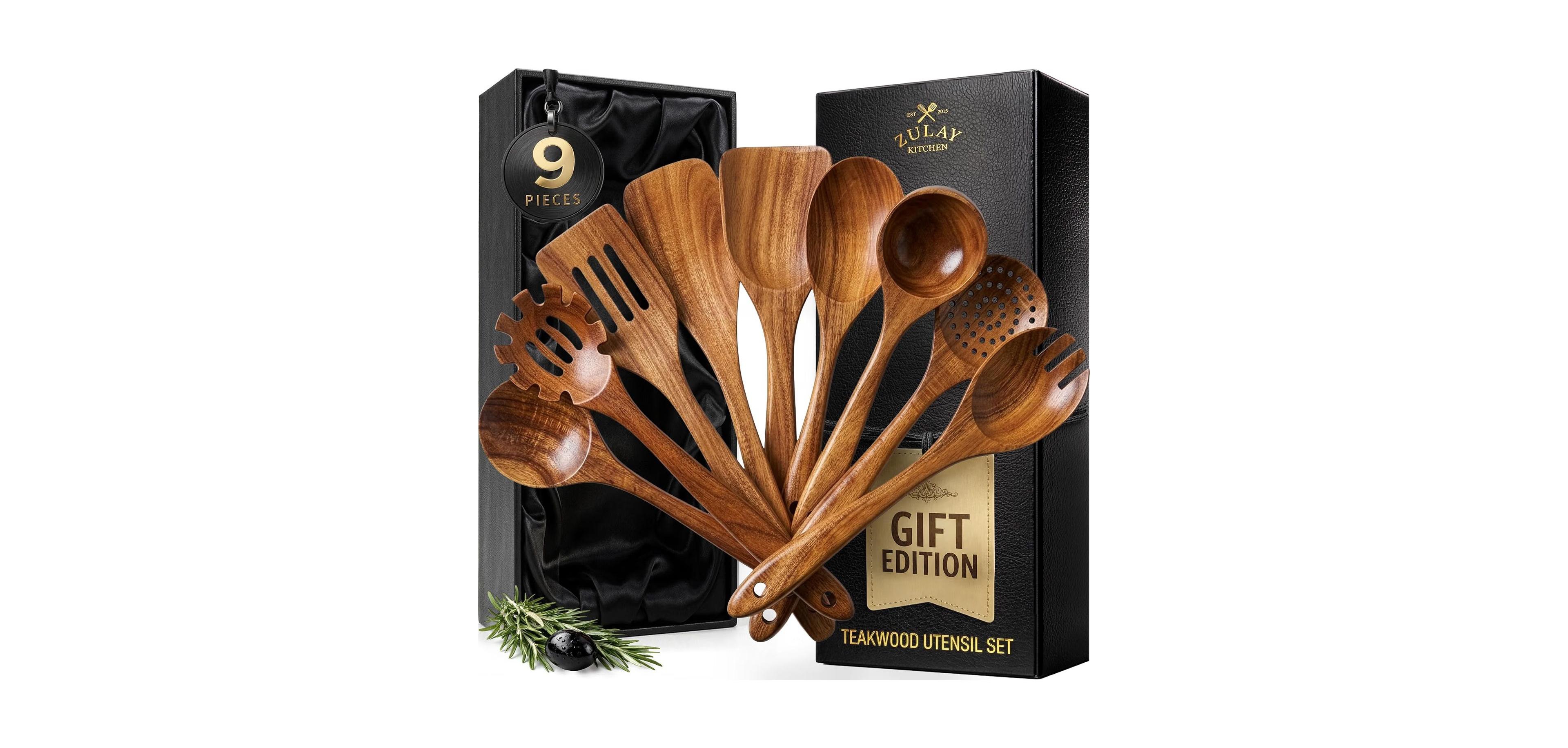 9-Piece Teak Wooden Utensils for Cooking with Premium Gift Box