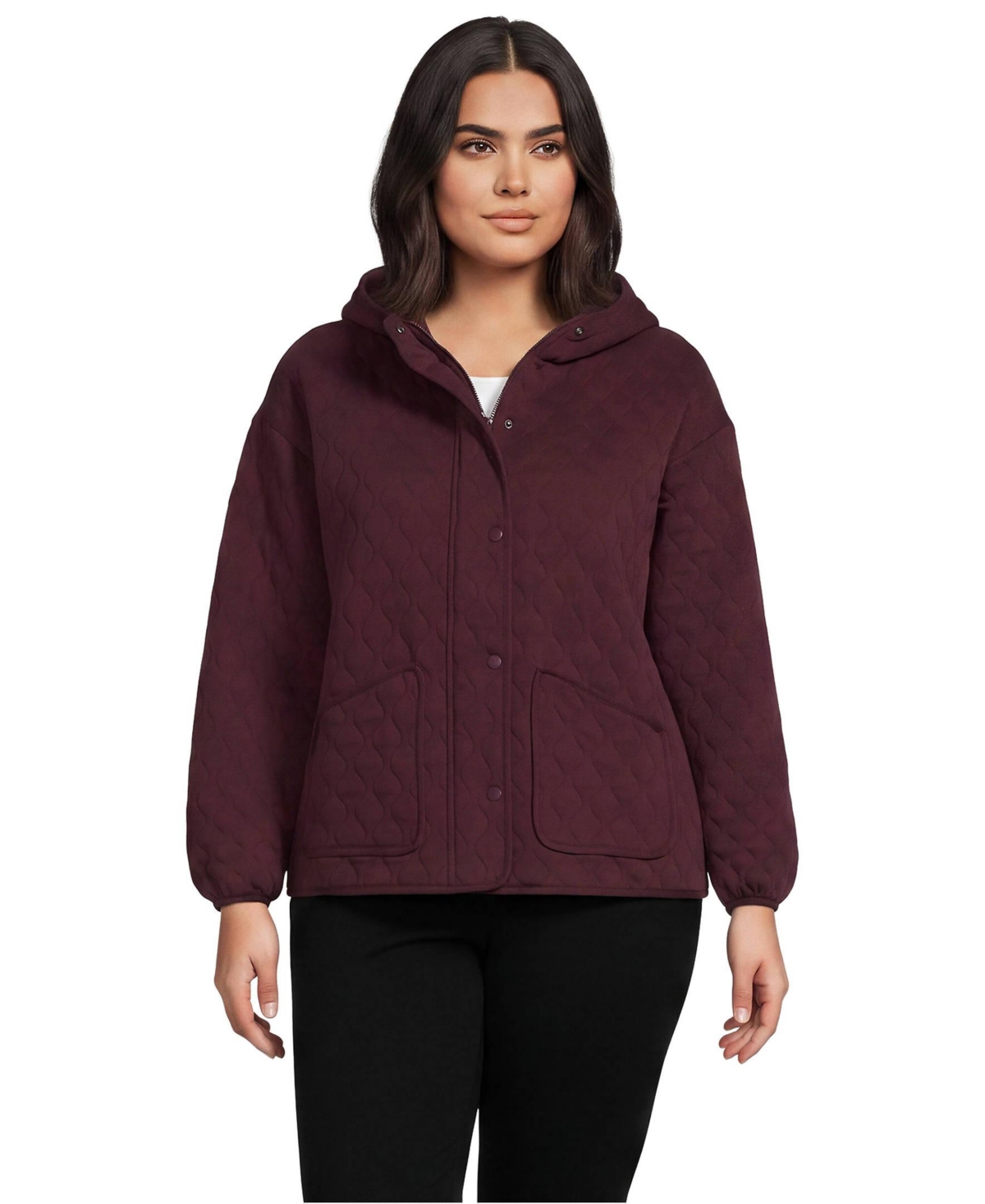 Lands' End Women's Plus Size RainDefense Knit Quilted Hooded Full Zip Jacket - Lush burgundy