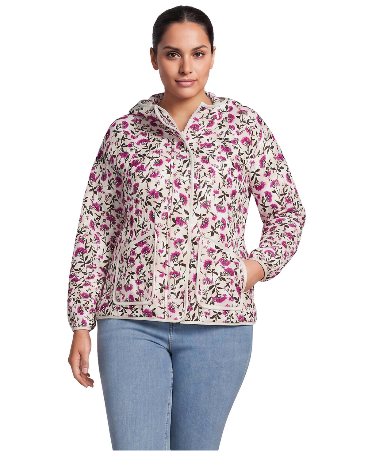 Lands' End Women's Plus RainDefense Knit Quilted Hooded Full Zip Jacket