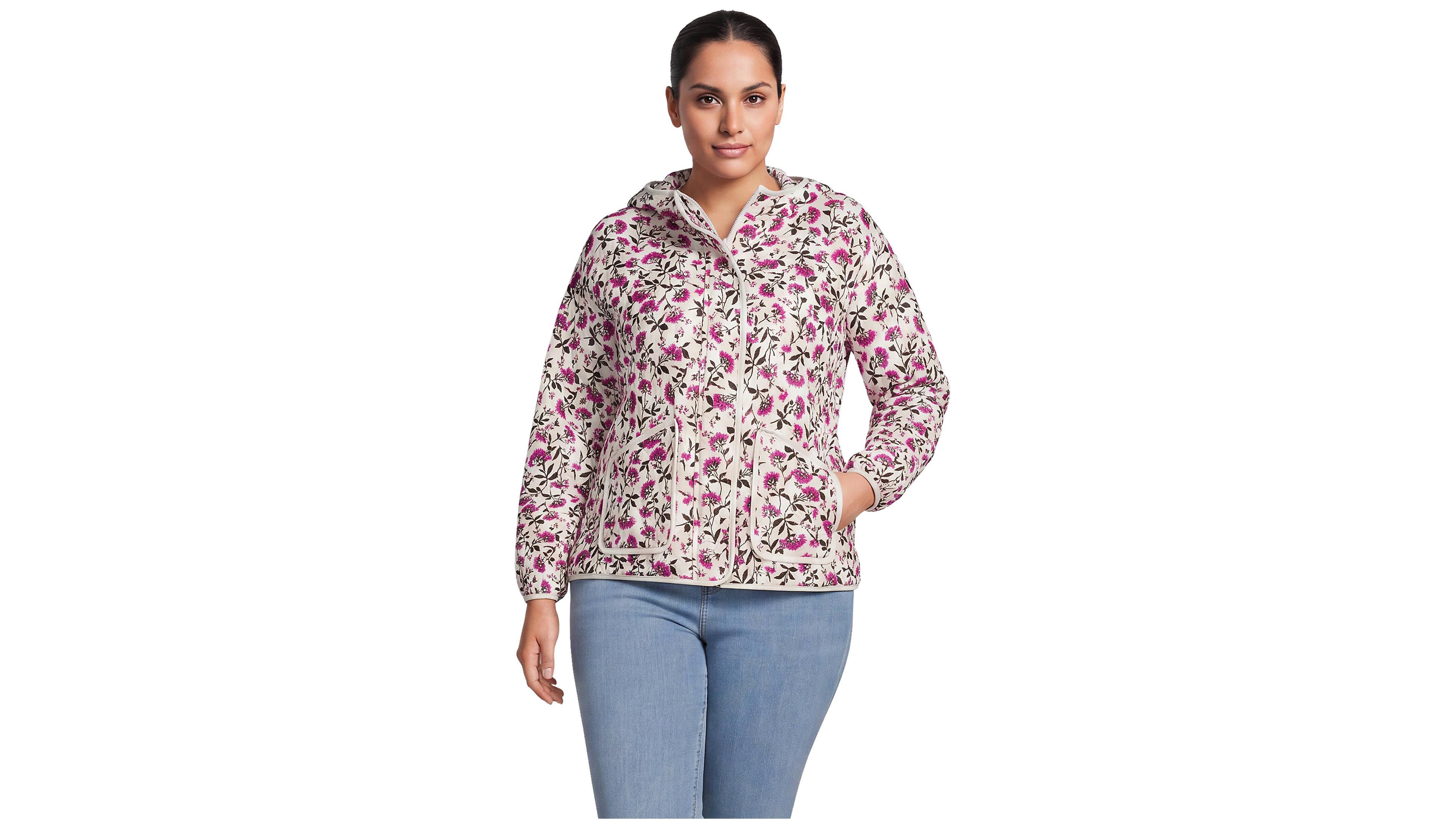 Lands' End Women's Plus RainDefense Knit Quilted Hooded Full Zip Jacket