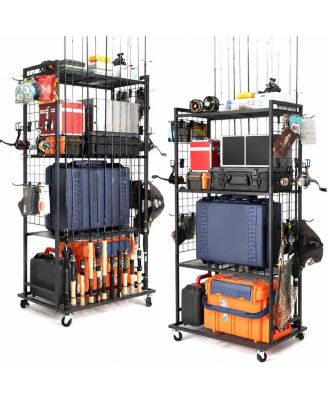 Vertical Fishing Rod Storage Rack With Prep Deck And Tiered Gear Storage
