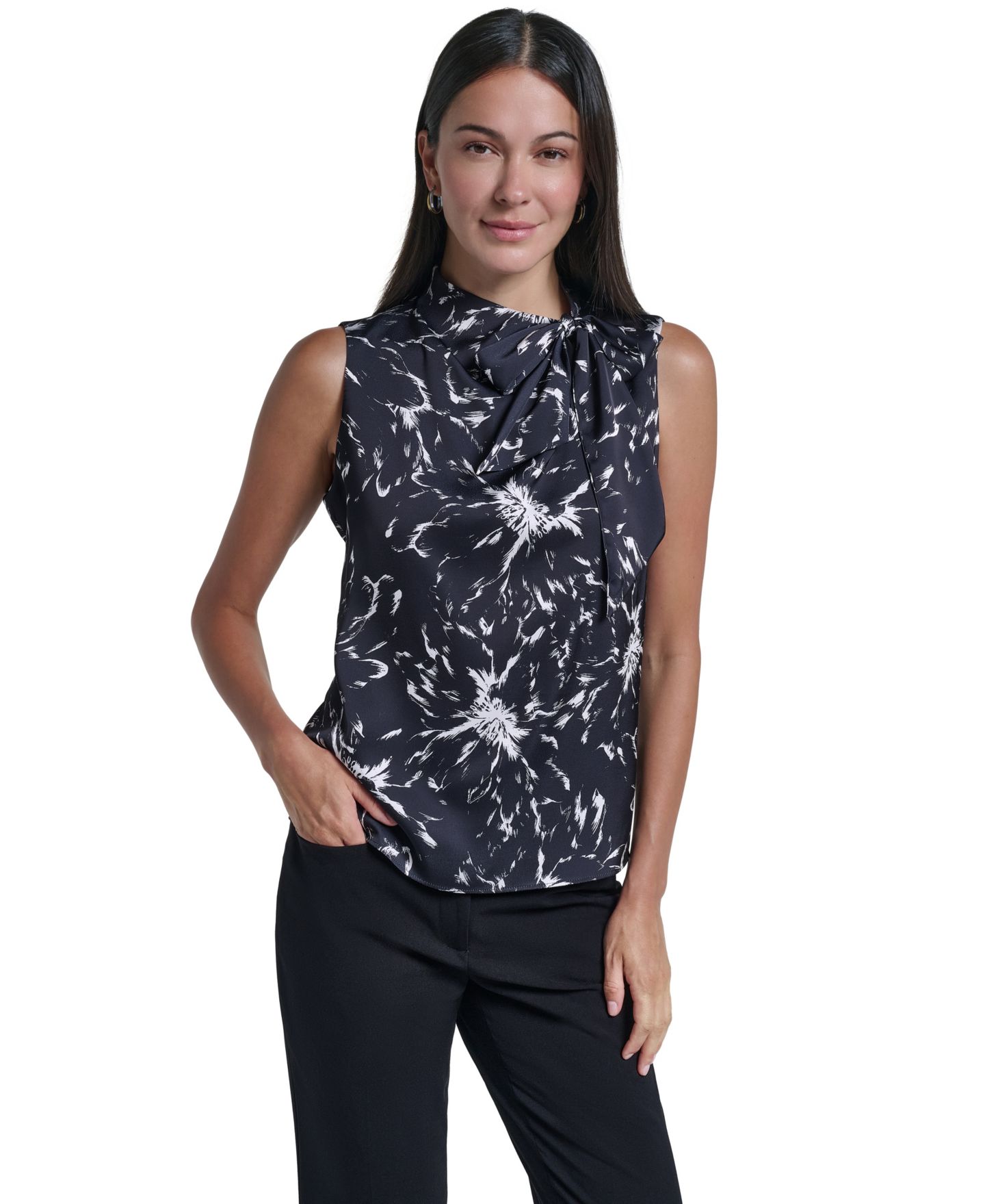 Женская блузка Calvin Klein Tie-Neck Floral Sleeveless, цвет: Чёрный кремовый — фото 1