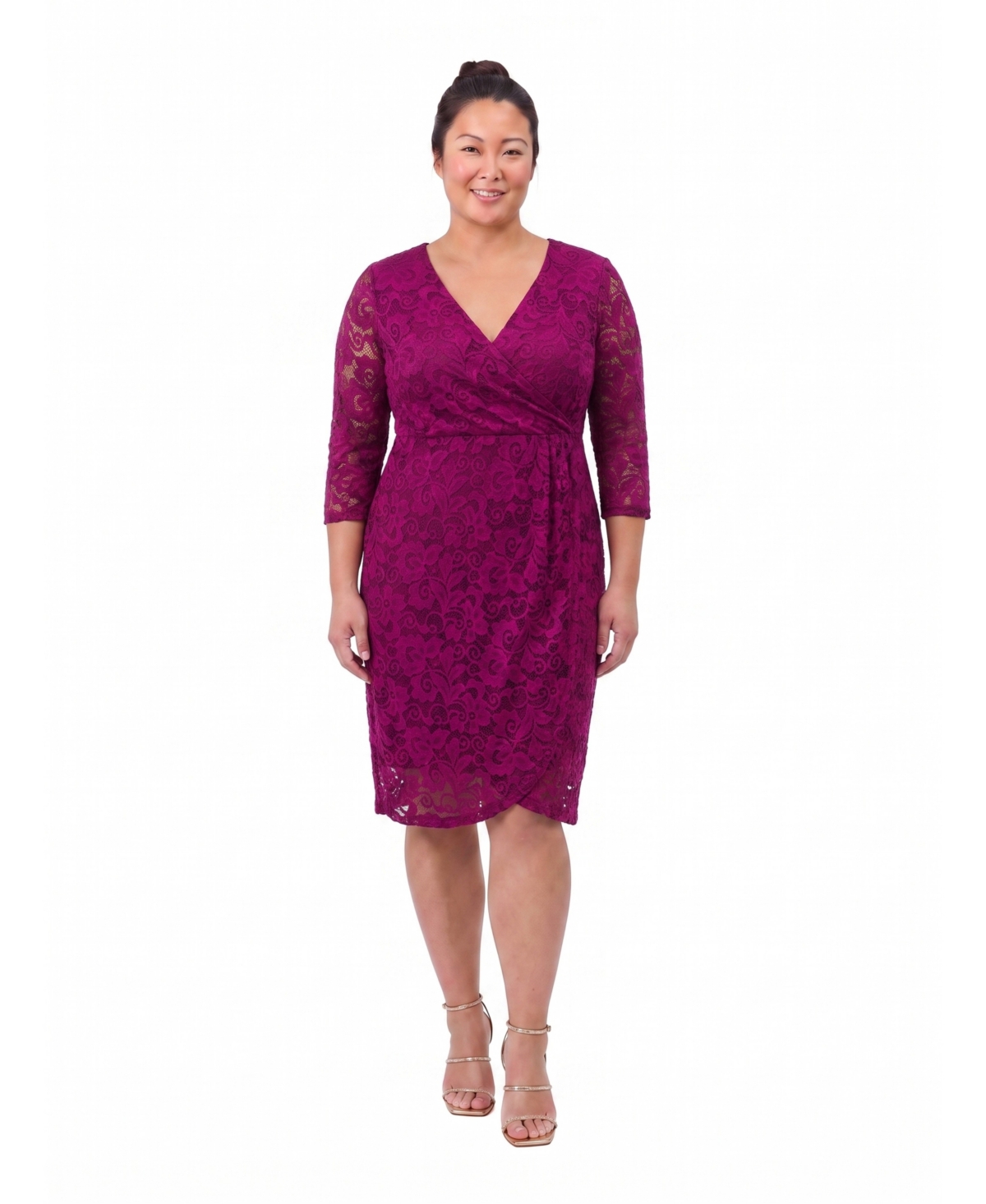 24seven Comfort Apparel Plus Size Lace Floral-Print V-Neck 3/4-Sleeve Wrap Dress - Magenta