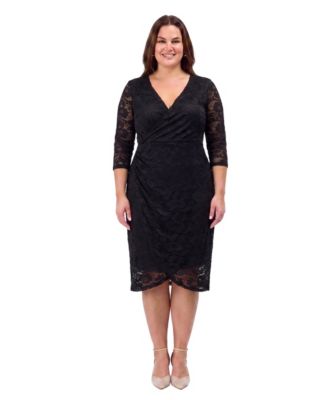 Plus Size Lace Floral-Print V-Neck 3/4-Sleeve Wrap Dress