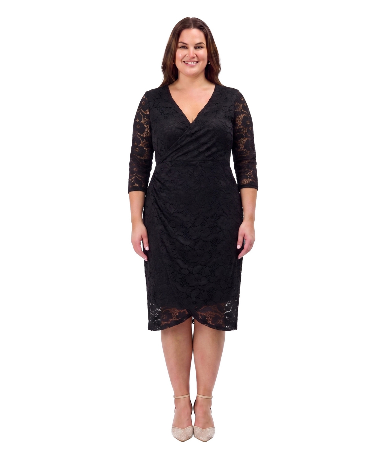 24seven Comfort Apparel Plus Size Lace Floral-Print V-Neck 3/4-Sleeve Wrap Dress - Black