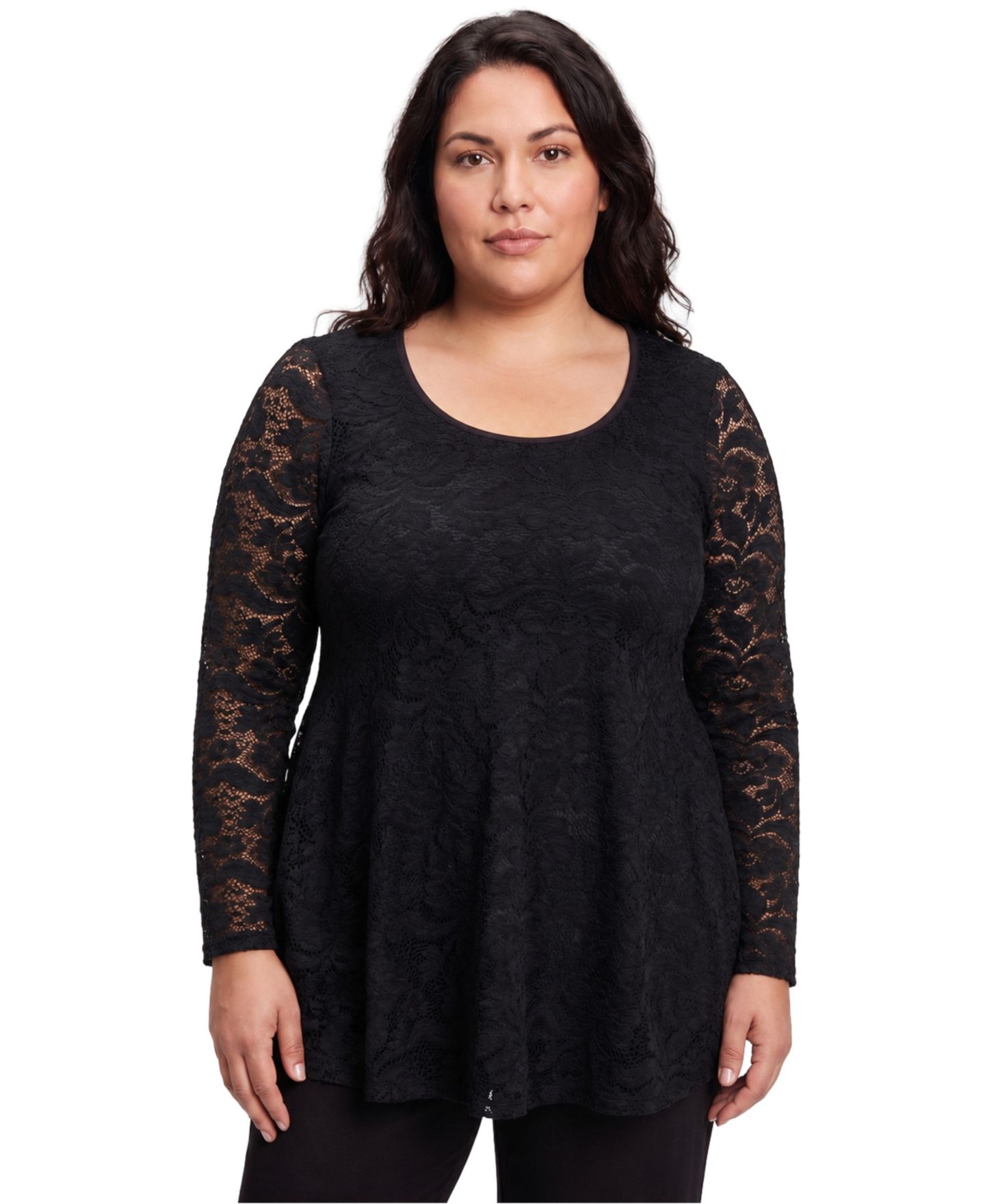 Женский топ 24seven Comfort Apparel Plus Size Long-Sleeve Lace Scoop Neck Tunic, цвет: Чёрный — фото 1