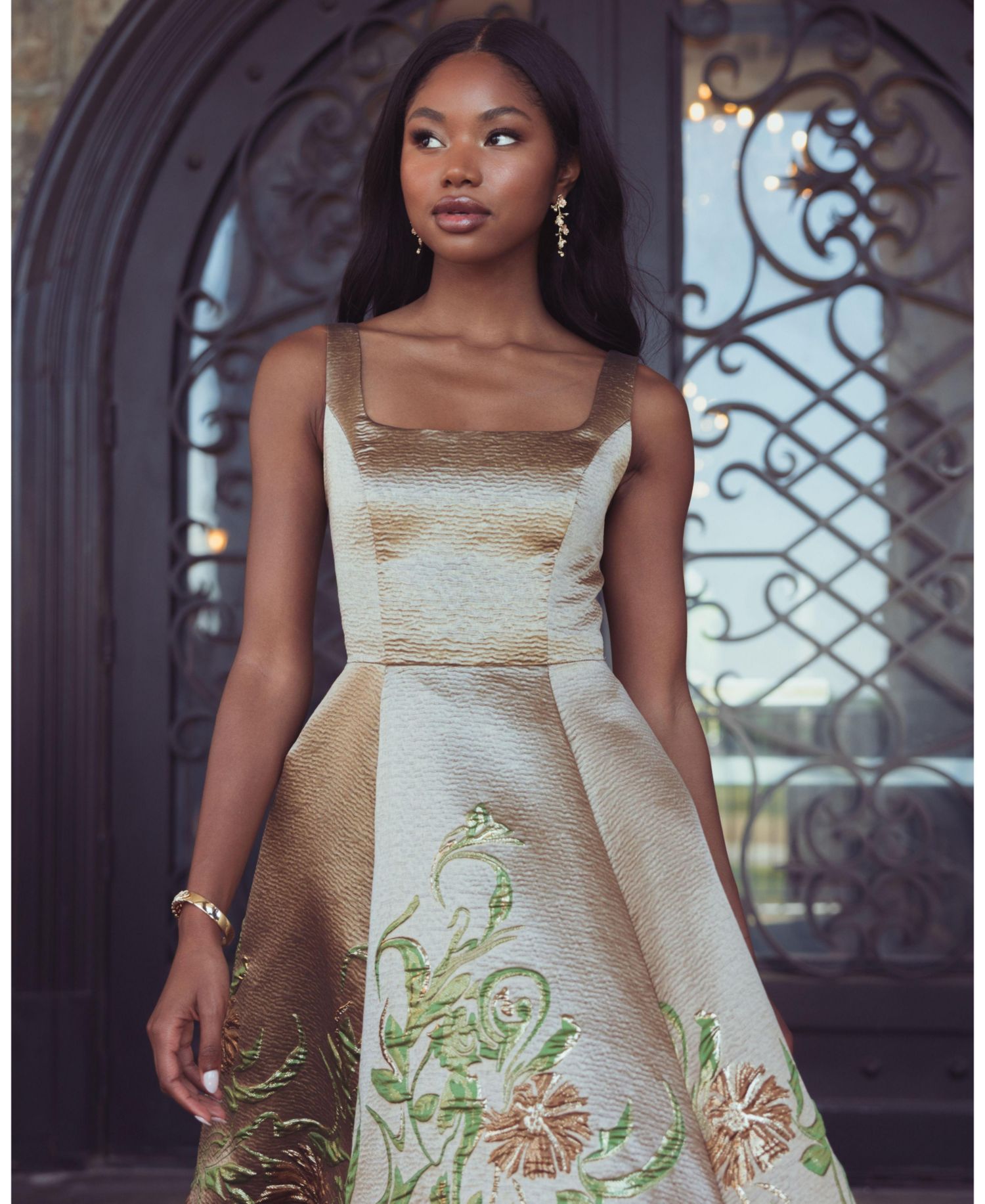 Women's Embroidered Floral A-Line Square Neck Midi Dress