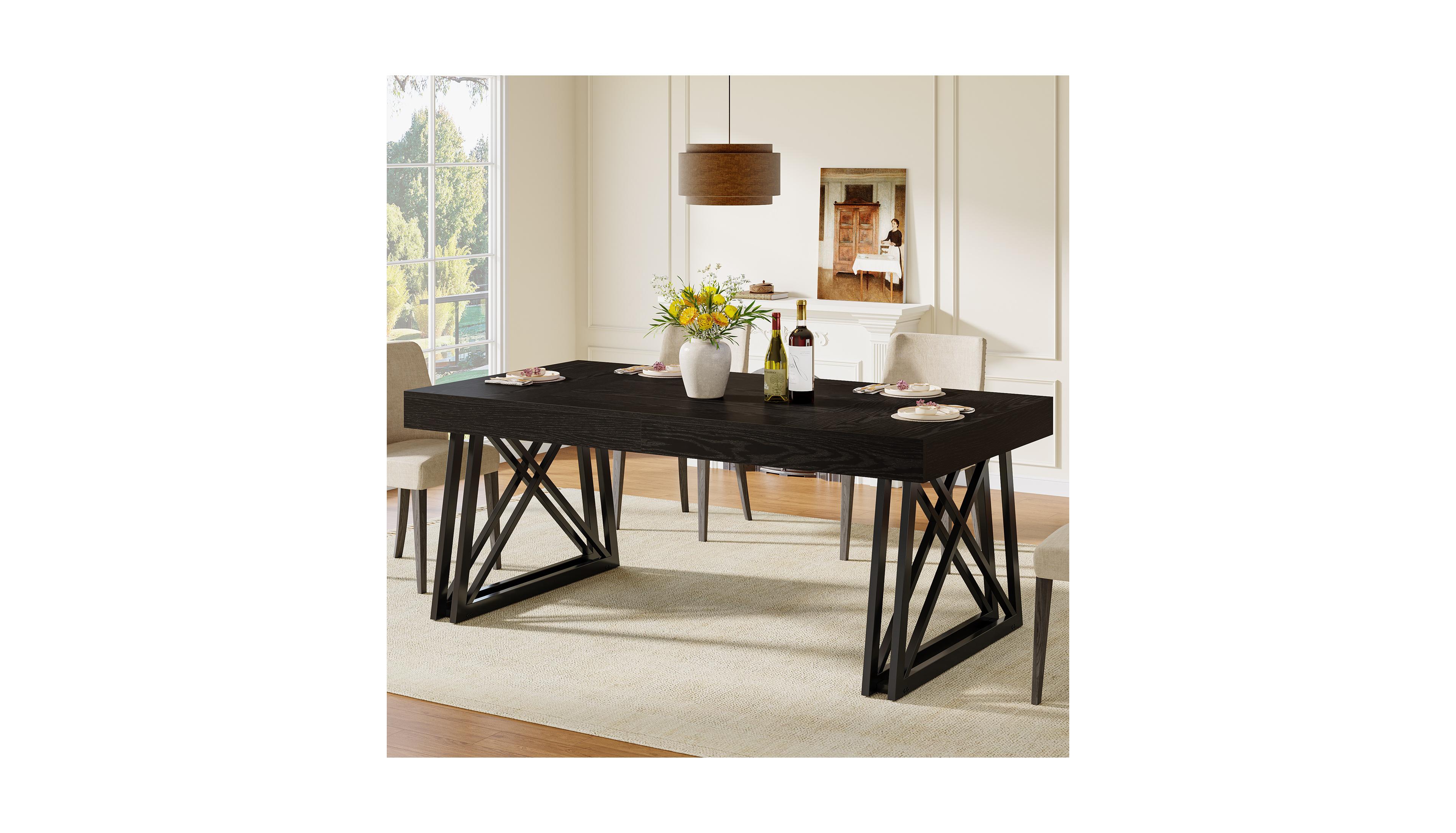 Tribesigns Farmhouse Kitchen Table with Metal Frame, Rectangular Dining for 4-6 People