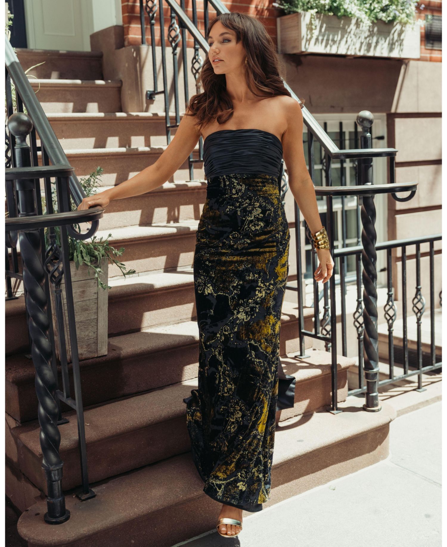 Women's Strapless Floral Velvet Evening Gown