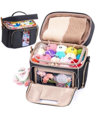 Large Yarn Storage Bag Crochet Knitting Organizer with Pockets Hooks and Carrying Strap
