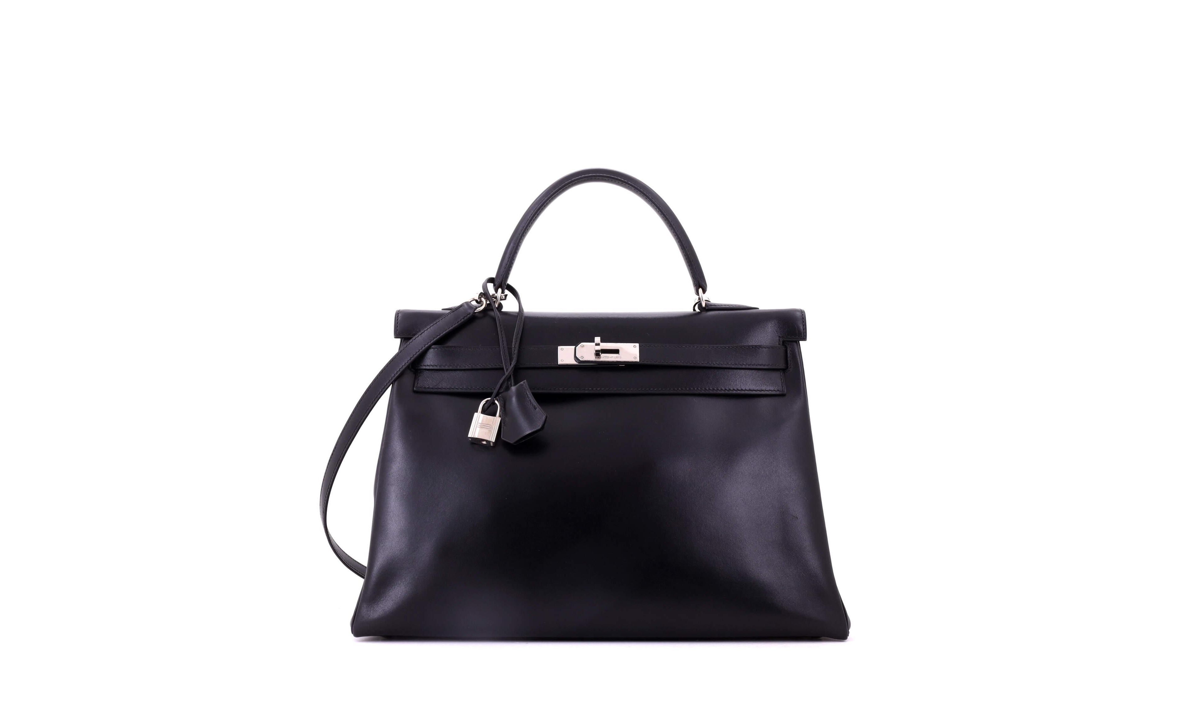 Pre-Owned Hermes Kelly 35 Handbag Black Box Calf with Palladium Hardware