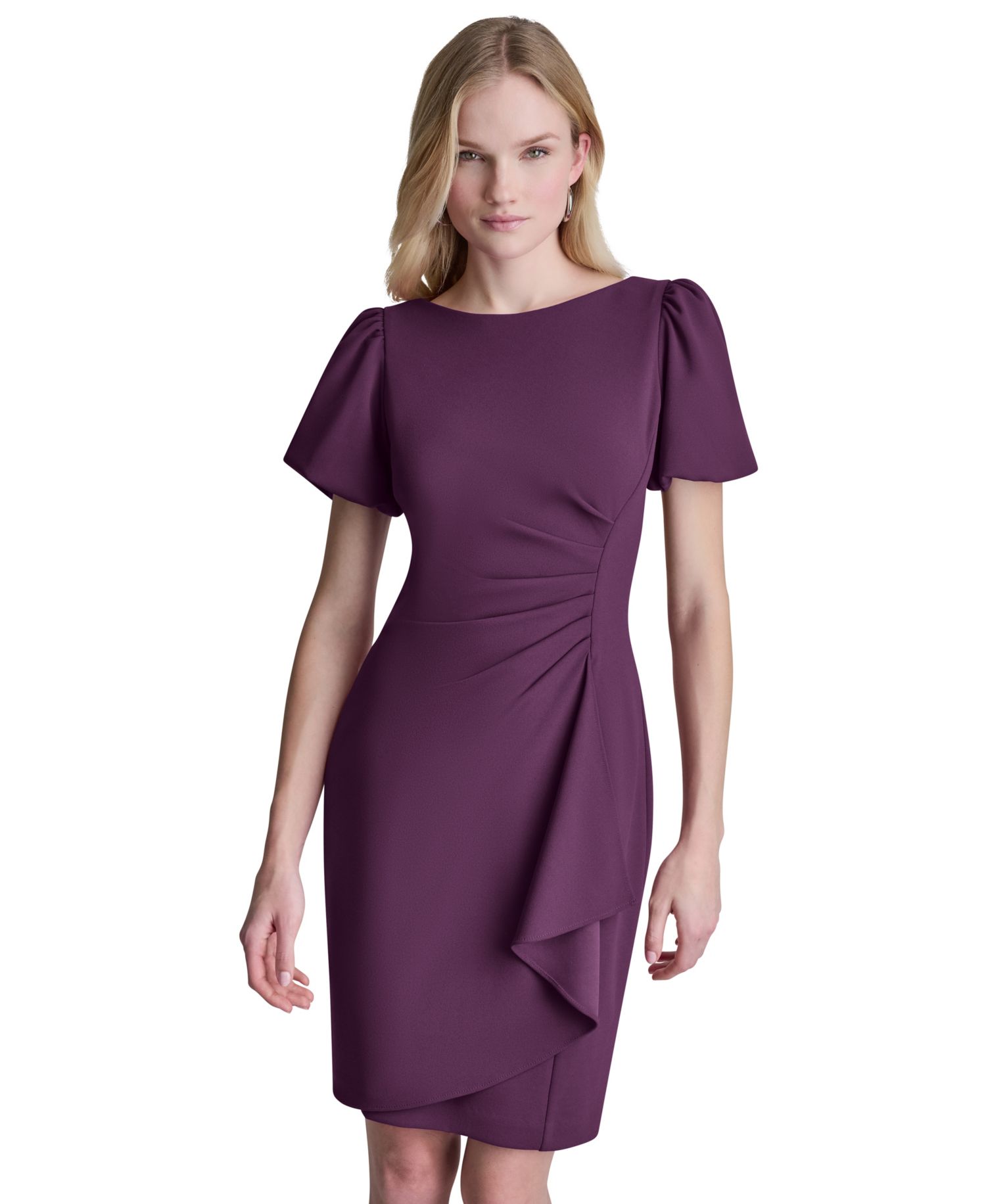 Women's Bubble-Sleeve Scuba Crepe Ruched Sheath Dress