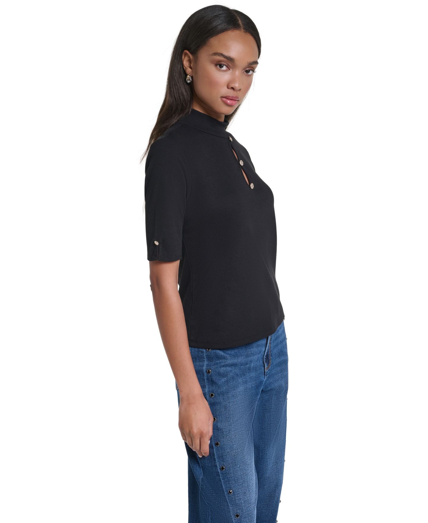 Женская блузка KARL LAGERFELD PARIS Mock Neck Short-Sleeve Keyhole, цвет: Чёрный — фото 3