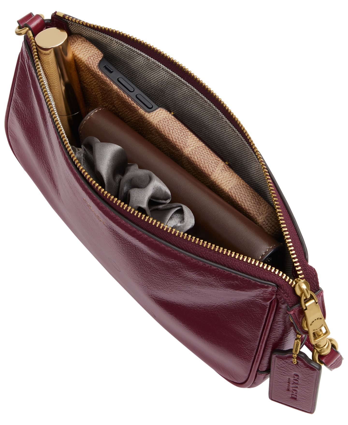 Женская сумка COACH Plaza Small Glazed Leather Shoulder Handbag, цвет: Латунный / Тёмный вишнёвый — фото 4